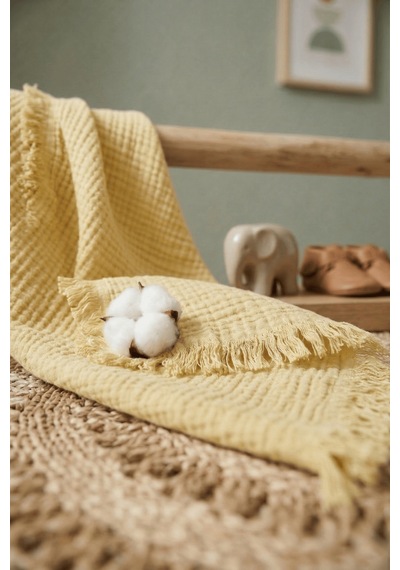 Müslin Püsküllü 4 Katlı Müslin Battaniye 90x120 Cm - Ze4katlı Sarı