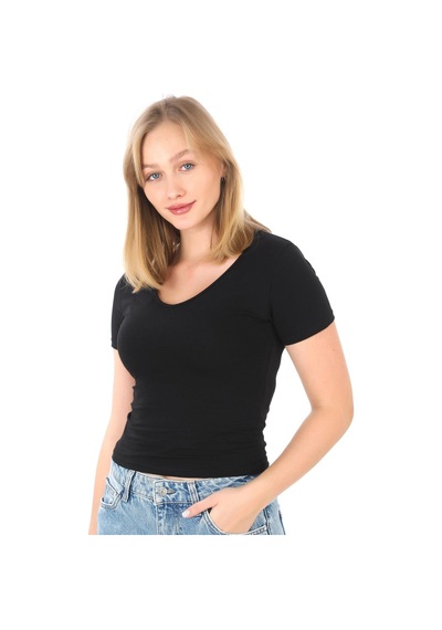 V Yaka Slim Fit Crop Tişört-siyah Siyah
