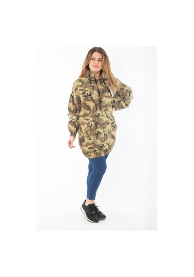Şans Kadın Büyük Beden Haki Rahat Kesim Kamuflaj Desenli Kapşonlu Kanguru Cepli Uzun Sweatshirt 65n37298-haki Haki