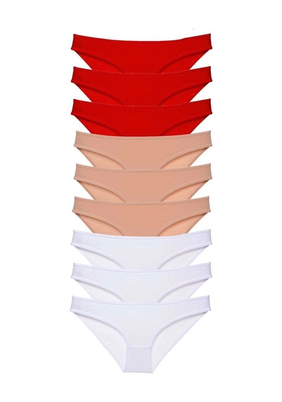 9 Adet Süper Eko Set Likralı Kadın Slip Külot Kırmızı Ten Beyaz Çok Renkli