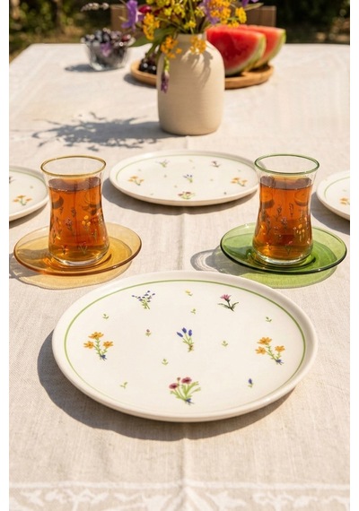 Botanical 12 Parça 4 Kişilik Seramik Pasta Tabağı Seti 20 Cm / Çay Seti 170 Cc Çok Renkli