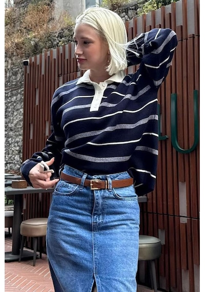 Madmext Lacivert Çizgili Polo Yaka Kadın Kazak Mg2476 Lacivert