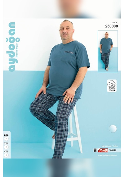 Aydoğan Erkek Dinç Büyük Beden Koton Kısa Kol Turkuaz Pijama Takım 0008 Turkuaz