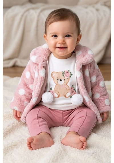 Ahengim Minik Ayıcık Baskılı Puanlı Yumuşak Dokulu Peluş Montlu 3 Lü Kız Bebek Set Takım Ak8534 Gül Kurusu Ahengim Minik Ayıcık Baskılı Puanlı Yumuşak Dokulu Peluş Montlu 3 Lü Kız Bebek Set Takım Ak8534 Gül Kurusu