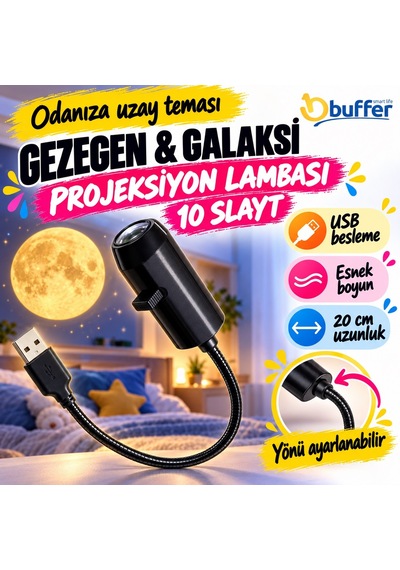 Buffer Usb Gezegen Ve Galaksi Projeksiyon Lambası 10 Slaytlı Esnek Boyunlu Yıldızlı Gece Uzay Temalı Dekoratif Led