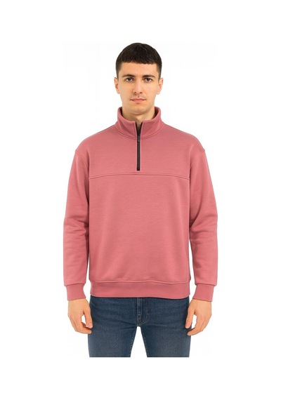 Unisex Relax Fit Rahat Kesim Pamuklu Yarım Fermuarlı Dik Yaka Sweatshirt - 7385 Pembe