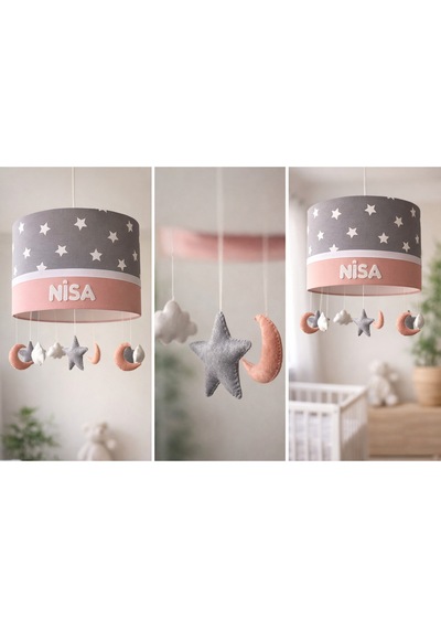 Gri Yıldızlı Pudra Bebek Odası Avizesi El Yapımı Kişiye Özel Sarkıt Aydınlatma 30x20 Cm Krem Pudra