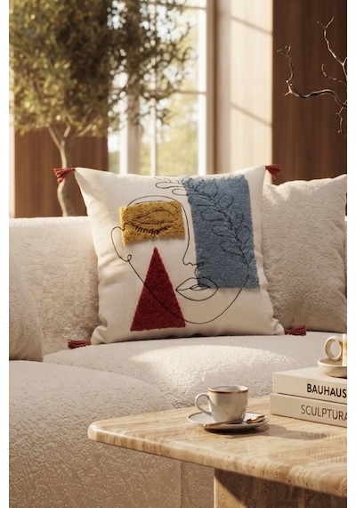 Renkli Soyut Kadın Yüzü Ve Yaprak Desenli Punch Nakışlı Püsküllü Pamuk Kırlent Kılıfı 42x42 Cm Bej