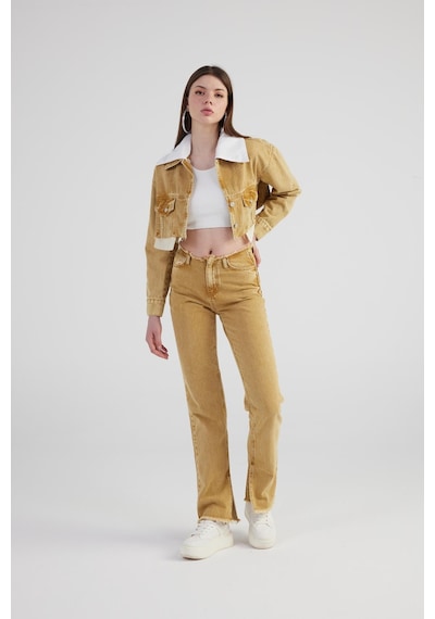 Holly Lolly Mermer Desenli Kırçıl Detaylı Straight Kesim Paça Yırtmaçlı Rusted Jean Pantolon Camel