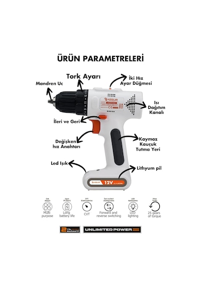 Assur 12V Type - c Usb Şarjlı Akülü Vidalama Dahili Batarya Matkap - 2103