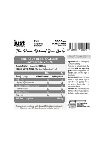 Just Nutrition L-arginine 126 Gr L-arjinin 42 Servis + Shaker + Protein Kahve Hediyeli Aromasız
