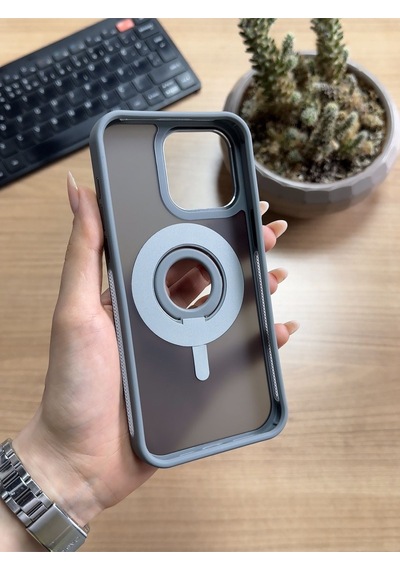 Apple Uyumlu iPhone 15 Pro Max Standlı Ve Yüzüklü Magsafe Kılıf Soocase721 Gri