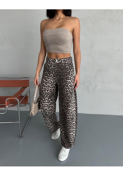Zeo Basic Skater Pantolon Leopar Desenli Bej Bej