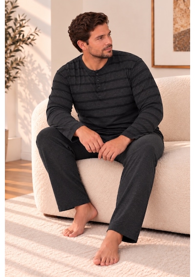 Nisanca Büyük Beden Premium Soft Erkek Pijama Takımı Yumuşacık Dokulu Uzun Kollu Düğmeli Yaka Çizgili Kışlık Pijama Füme