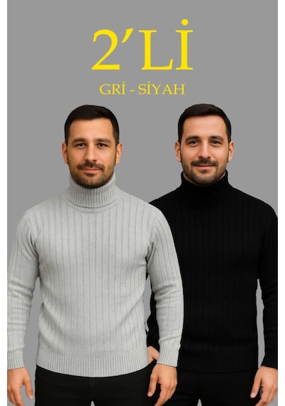 Butik İstanbul Erkek Fitilli Triko Kazak 2li Set Gri Siyah Regular Balıkcı Yaka Tam Boğazlı Triko Seti Modeli Kazak Çok Renkli