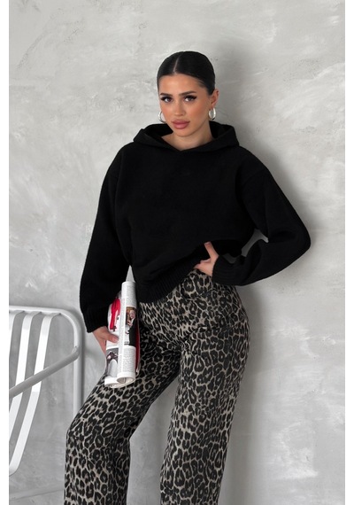 Femelle Kadın Siyah Standart Beden Kapüşonlu Peluş Triko Sweatshirt