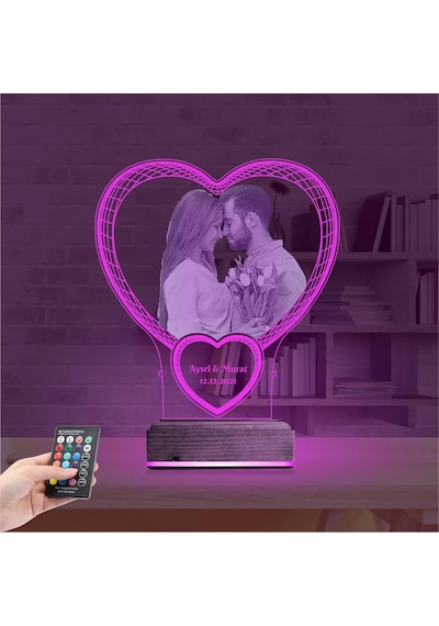 Luvivia Kalp Sevgiliye Hediye Fotoğraflı 3d Lamba - Masa Gece Lambası V6