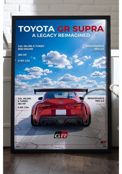 Toyota Gr Supra Siyah Ahşap Çerçeveli Poster, Dekoratif Araba Duvar Tablosu