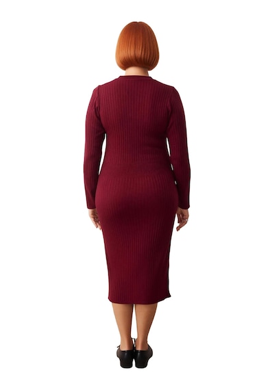 Ersefa Kadın Uzun Kollu Fitilli Polo Yaka Bodycon Triko Elbise Midi Boy Soğuk Havalar İçin İdeal Kaliteli Mürdüm