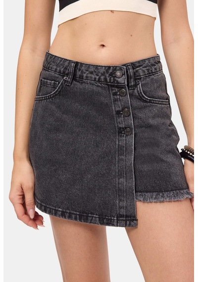 Itsbasic Kadın Gri Renk Önü Düğmeli Denim Şort Etek 1638 Gri