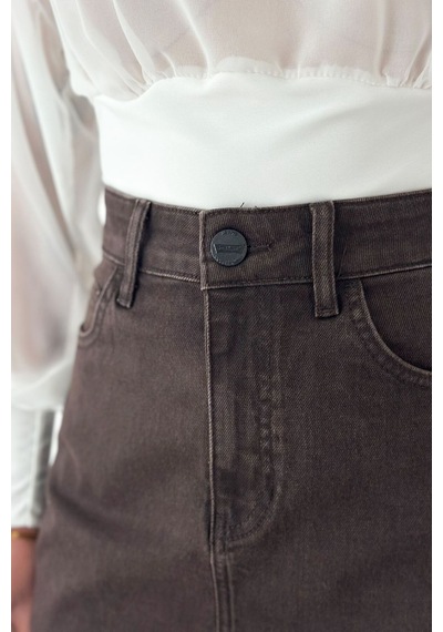 HLT Jeans Kadın Kahverengi Regular Fit Yüksek Bel Orta Boy Likralı Denim Yıkamalı Kot Etek Alice-4005