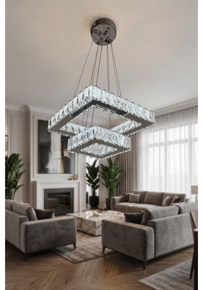 2 Katlı Kare Kristal Modern Sarkıt Led Avize Çok Renkli