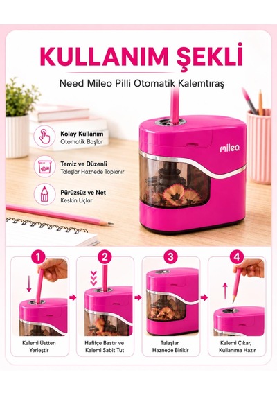 Mileo Pilli Otomatik Pembe Kalemtraş