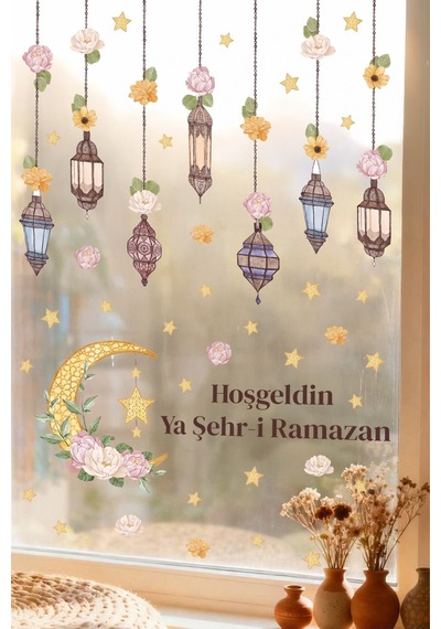 Hoşgeldin Ya Şehr-i Ramazan Duvar Sticker Seti Fener & Ay Yıldız Temalı Dekor Dijital Baskı