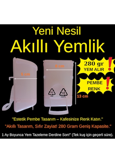 Pembe Akıllı Kuş Yemliği - 280 Gr Geniş Hazneli Kabuk Ayırıcılı Muhabbet Kuşu Yemliği 13x8x5 Cm