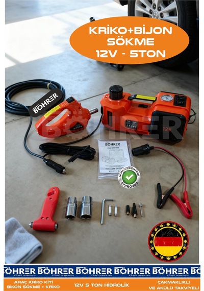 Süper Set Çakmaklıklı + Akü Kullanımlı 12v 5 Ton Araç Krikosu + Bijon Sökme + Kompresör 3 Ü Bir Arad