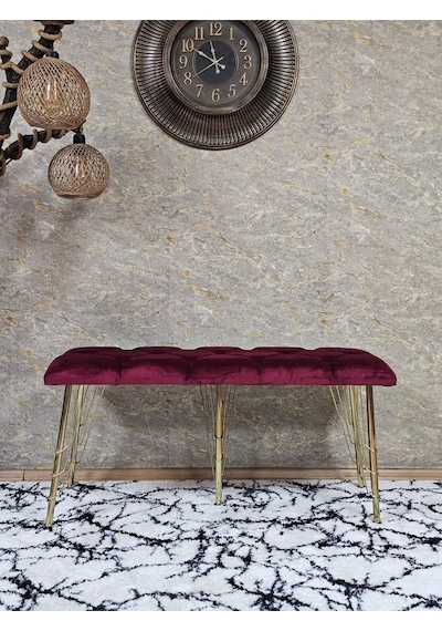Zafir Metal Gold Tel Ayaklı 100 Cm Puf Bench - Puf - Bench - Oturak - Mutfak Oturağı - Antre Oturağı Bordo