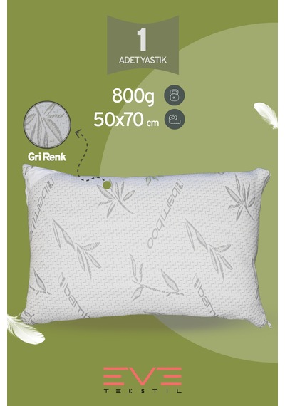 Eve Tekstil Bamboo Gri Serisi Kılıflı Antialerjik Fermuarlı Yıkanabilir Silikon Elyaf Yastık 50x70cm 800 Gr