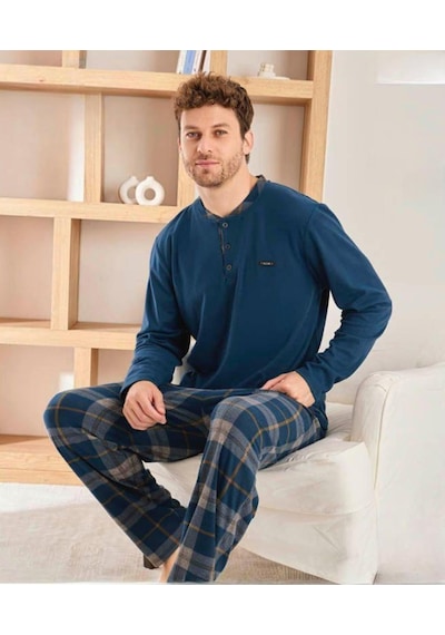 Pijamoni Erkek Düğme Yaka Kışlık Mikrosoft Likralı Pijama Takımı 6410/8 - 1 Adet Petrol
