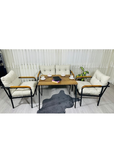 Madame Home Kadife Balkon, Bahçe,teras,cafe - Salon - Metal Kanepe Koltuk Takımı - 2+1+1 + Masa Krem