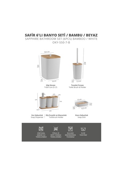 Duvara Yapışkanlı Gerçek Bambu Beyaz 6'lı Safir Banyo Seti Beyaz