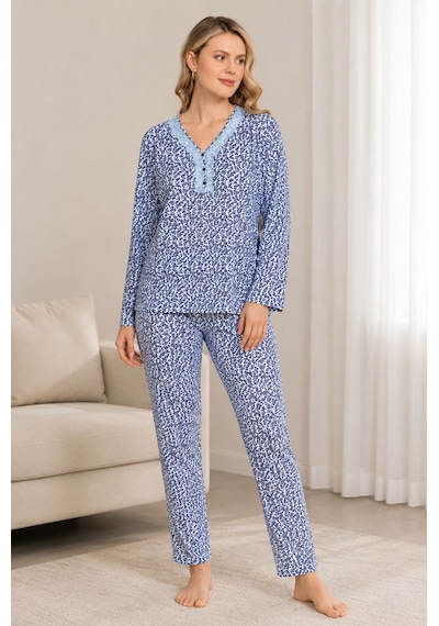 Kadın Mavi Desenli Pijama Takımı Açık Mavi - Beyaz