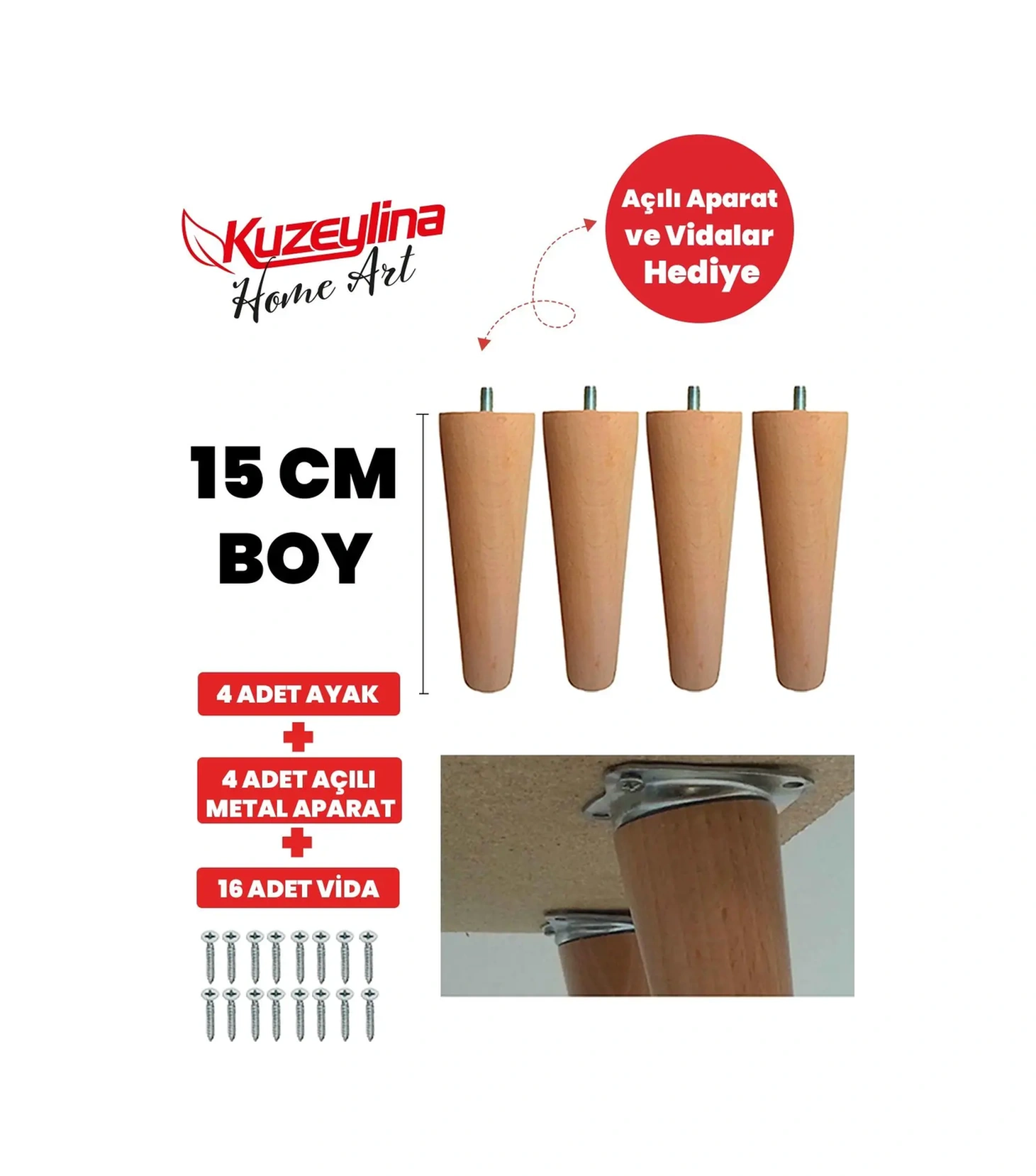 Ahşap Konik Ayak - Mobilya, Koltuk, Tv Ünitesi Uyumlu - 15 Cm Ham- 4 Adet Diğer