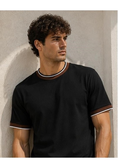 Ribana Erkek Kısa Kollu Bisiklet Yaka Şerit Detaylı Düz Renk T-shirt 4224 Siyah