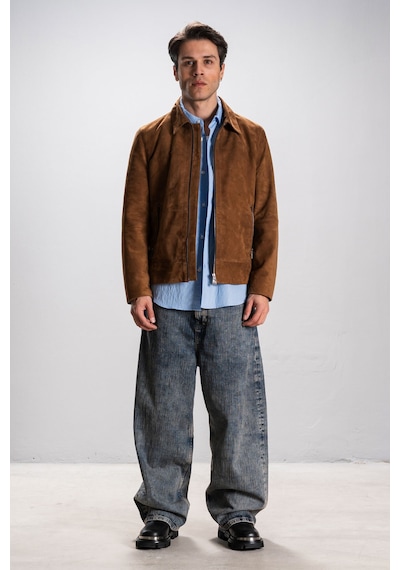 Dericlub Girona Erkek Gömlek Yaka Slim Fit Gerçek Deri Süet Mont Taba Taba