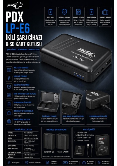 Pdx Canon Lp-e6 İkili Şarj Cihazı Ve Sd Kart Kutusu Powerbank