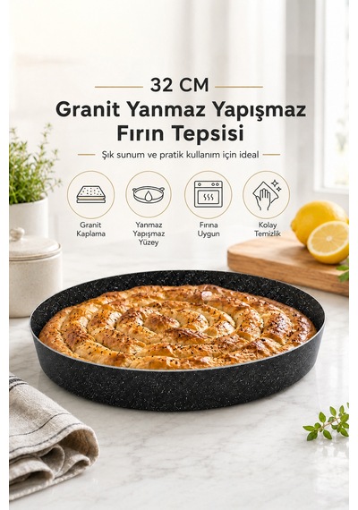 Granit Döküm Yuvarlak Fırın Tepsi Yanmaz Yapışmaz Yüksek Isıya Dayanıklı 32 Cm