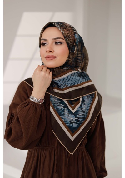 Mimiyum İz Desen Soft Eşarp Kahve Mavi Çok Renkli