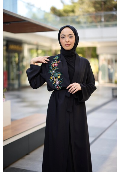 Nazzain Hanna Abaya Siyah Çok Renkli