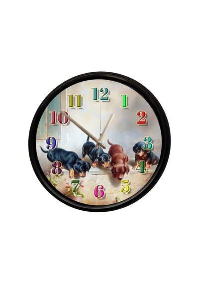 Sevimli Yavru Dachshund Köpekler Dekoratif Duvar Saati 28 Cm Sessiz Mekanizma Çok Renkli