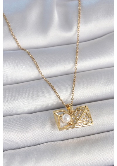 316l Çelik Gold Renk Zincir Zirkon Taşlı Açılır İncili Elmas Model Kadın Kolye Diğer
