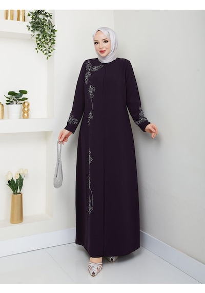 Eslemnur Büyük Beden Yaprak Taşlı Anne Elbisesi En7008 Mürdüm