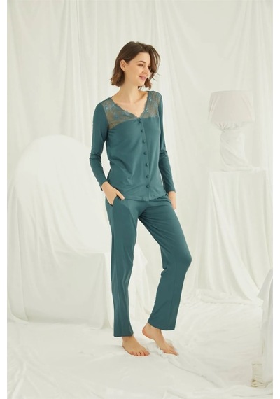 Monamise 19307 Kadın Uzun Kollu Yakası Ve Omzu Dantelli Önü Boydan Düğmeli Pijama Takımı-yeşil YESIL