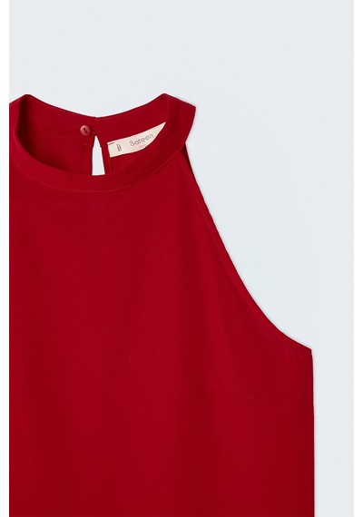 Sateen Halter Yaka Bluz - Kırmızı-137733