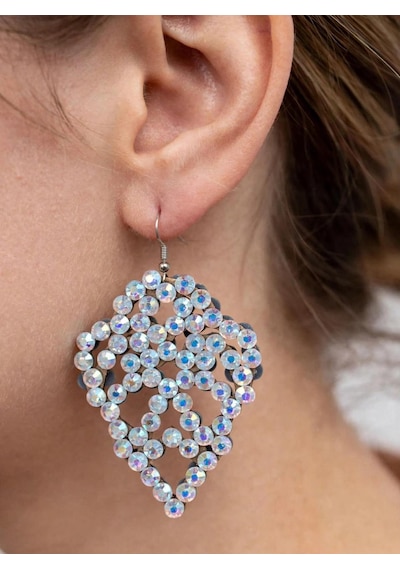 El Yapımı Rhinestone Taşlı Sallantılı Küpe Dans, Sahne Ve Abiye Beyaz