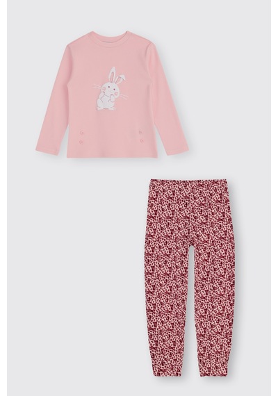 Panço Kız Çocuk Çiçek Desenli Pijama Takımı Pembe